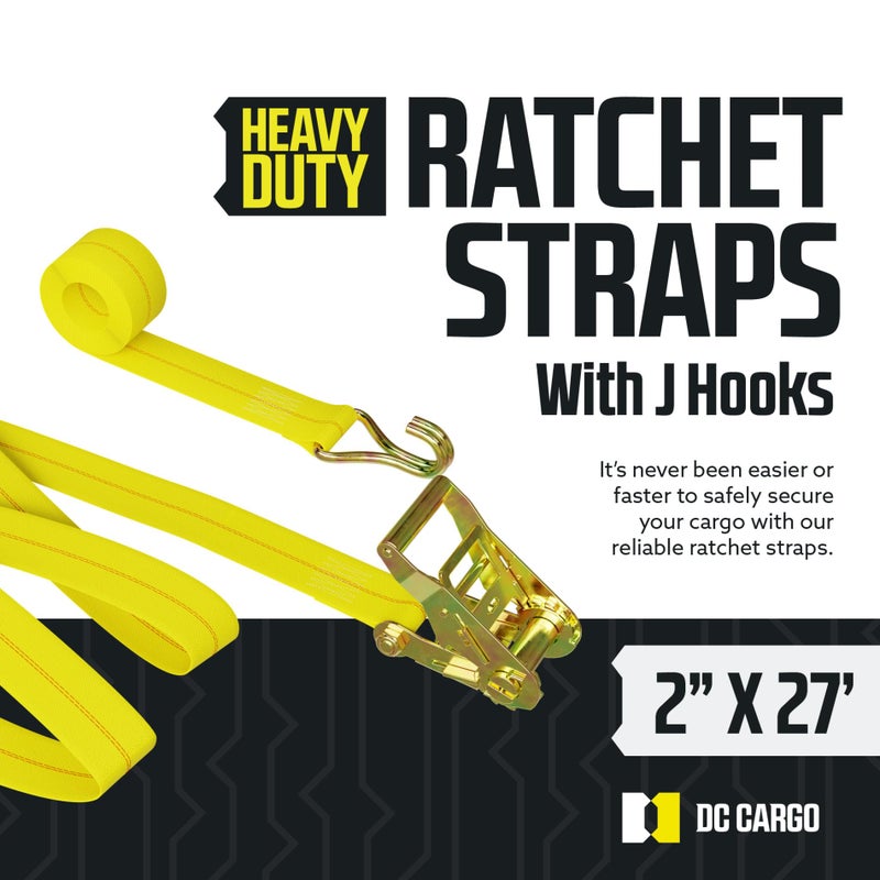 DC Cargo Mall DC Cargo Tie-Down Ratchet Straps J-Hooks, (Pack of 2) Heavy Duty 2" x 27' Tie-Down Ratcheting Cargo Truck Straps Wire Hook Ends, J-Hook Ratchet Strap Tie-Downs - Image 2